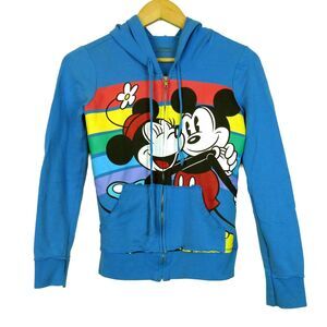 Disney Park Hoodie Womens M Blue Mickey Minnie Rainbow Zip Sweater Flaw Y2K